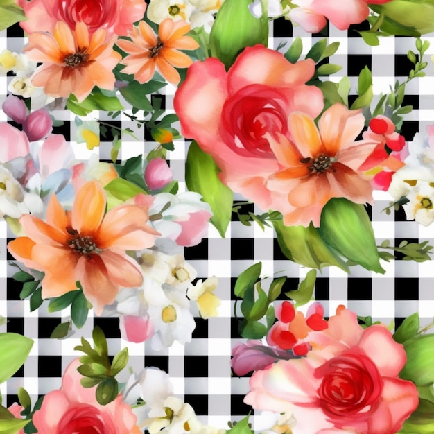 Es gibt ein Blumenmuster auf einem karierten Hintergrund, generative KI