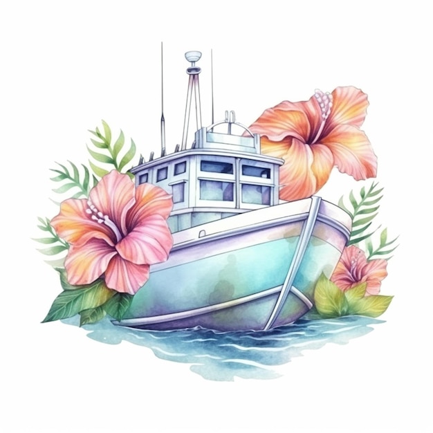 Foto es gibt ein boot mit blumen auf dem wasser und ein boot im wasser generative ai