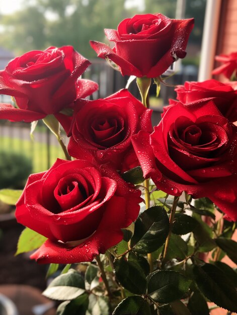 Foto es gibt ein bündel roter rosen in einer vase auf dem tisch.