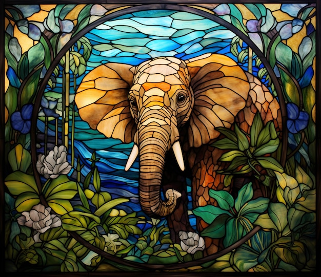 Es gibt ein Buntglasbild eines Elefanten im Dschungel.