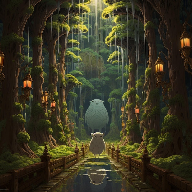 Es gibt ein Cartoonbild einer Person, die durch einen Wald geht. Generative KI