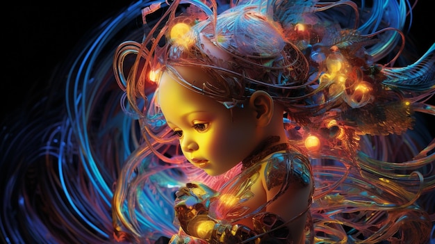 Es gibt ein digitales Gemälde eines Kindes mit glühendem Haar.