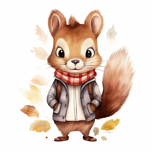 Es gibt ein Eichhörnchen, das einen Schal und eine Jacke trägt und vor der generativen KI der Blätter steht