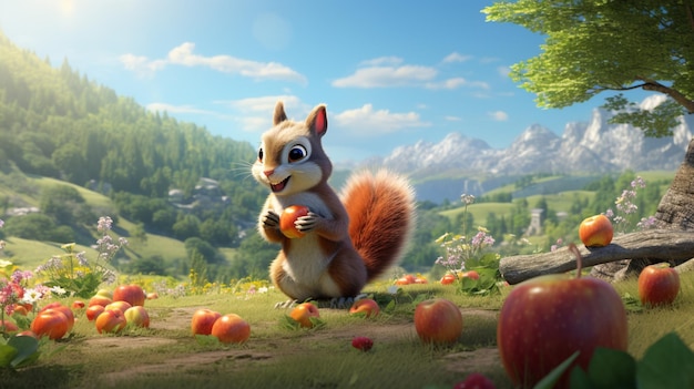 Es gibt ein Eichhörnchen, das im Gras mit Äpfeln steht.