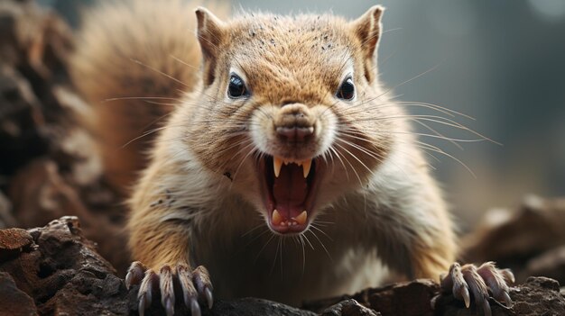 Foto es gibt ein eichhörnchen, das mit offenem mund auf einem felsen steht.