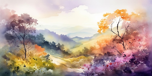 Es gibt ein Gemälde einer Bergszene mit Bäumen und Blumen generative ai