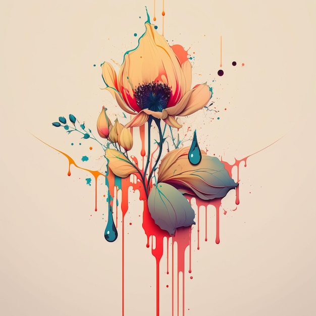 Es gibt ein Gemälde einer Blume mit einem Tropfen Farbe generative ai