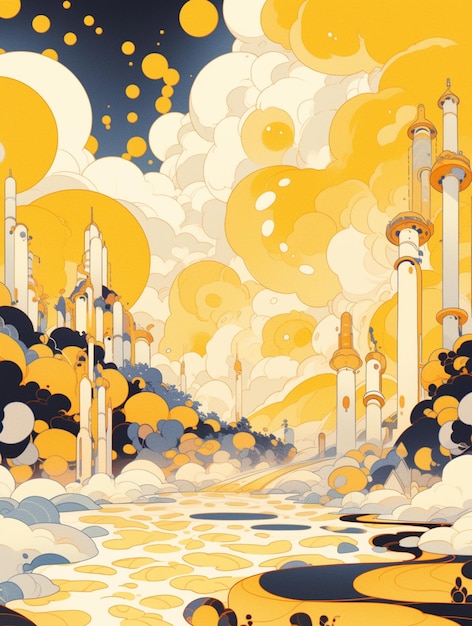 Es gibt ein Gemälde einer futuristischen Stadt mit vielen Wolken, generativer KI