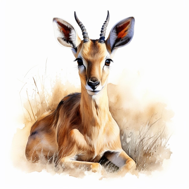 Es gibt ein Gemälde einer Gazelle, die im generativen Gras liegt
