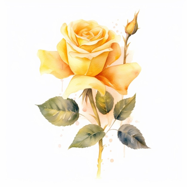 Es gibt ein Gemälde einer gelben Rose mit generativen grünen Blättern
