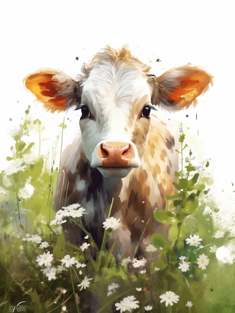 Es gibt ein Gemälde einer Kuh, die auf einem Blumenfeld steht.
