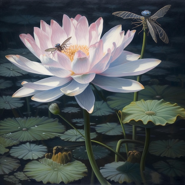 Es gibt ein Gemälde einer Libelle auf einer Blume mit Blättern generative ai