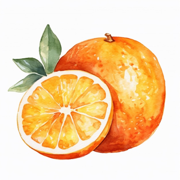 Es gibt ein Gemälde einer Orange mit einer in die Hälfte geschnittenen Scheibe.