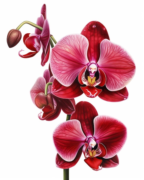 Es gibt ein Gemälde einer roten Orchidee mit einem generativen KI-Hintergrund auf weißem Hintergrund