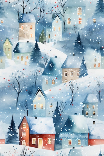 Es gibt ein Gemälde einer schneebedeckten Stadt mit Häusern und Bäumen