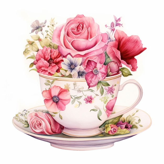 Es gibt ein Gemälde einer Teetasse mit Blumen darauf generative ai