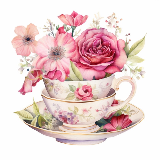 Es gibt ein Gemälde einer Teetasse mit Blumen darin, generative KI