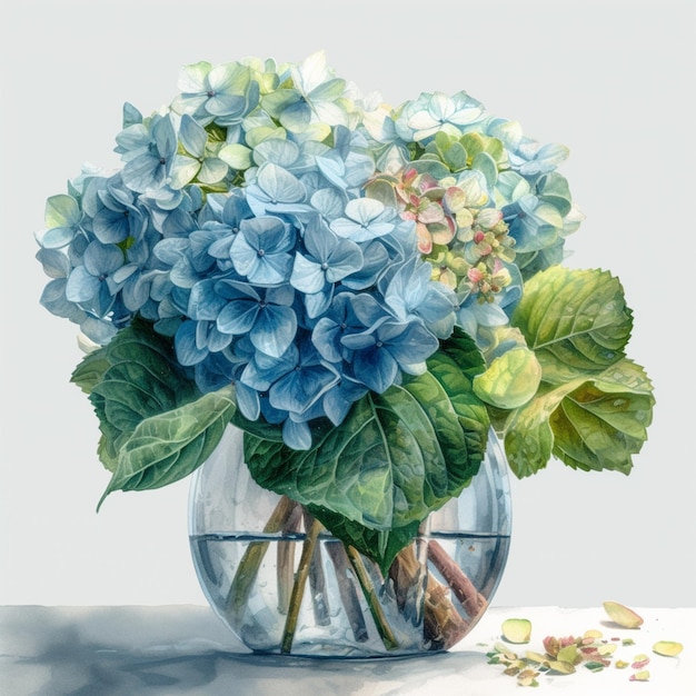 Es gibt ein Gemälde einer Vase mit blauen Blumen darin, generative KI