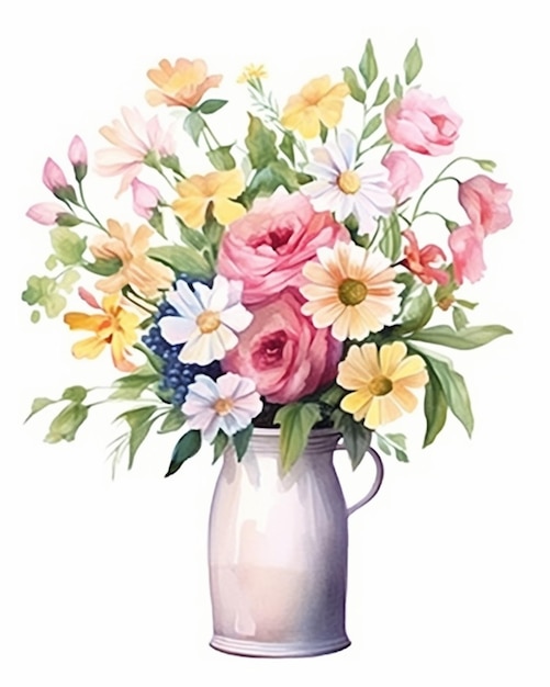 Es gibt ein Gemälde einer Vase mit Blumen darin.