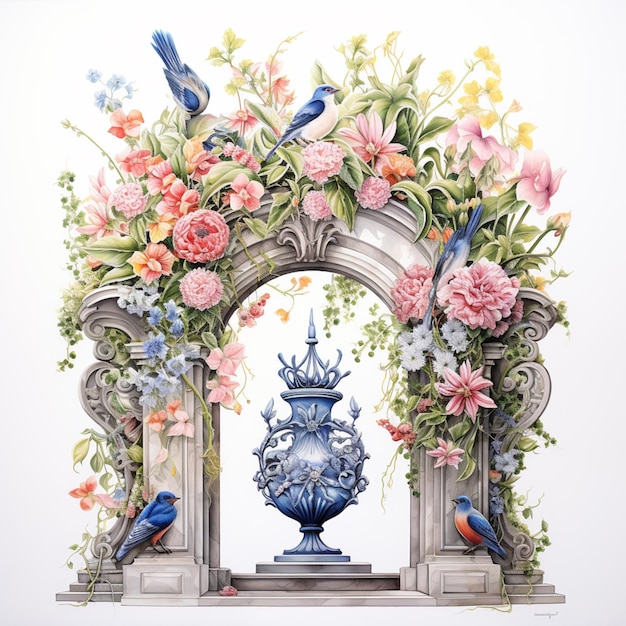 Es gibt ein Gemälde einer Vase mit Blumen und Vögeln darauf generative KI