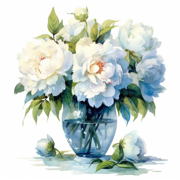 Es gibt ein Gemälde einer Vase mit weißen und blauen Blumen