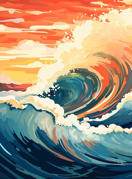 Es gibt ein Gemälde einer Welle im Meer bei Sonnenuntergang. Generative KI
