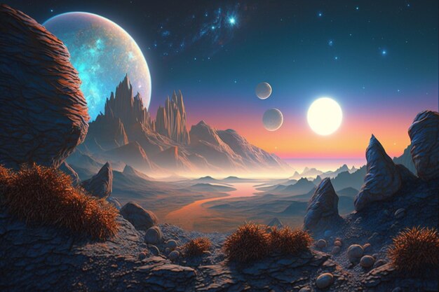 Es gibt ein Gemälde einer Wüste mit einem Berg und einem Planeten im Hintergrund.