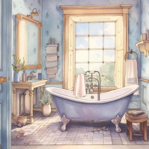 Es gibt ein Gemälde eines Badezimmers mit einer Badewanne und einem Waschbecken mit generativer KI