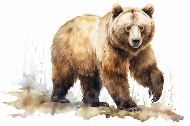 Es gibt ein Gemälde eines Bären, der auf einem Hügel spazieren geht.