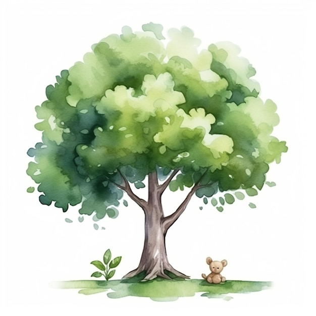 Es gibt ein Gemälde eines Bären, der unter einem Baum sitzt.
