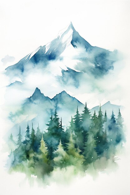 Es gibt ein Gemälde eines Berges mit Bäumen im Vordergrund.