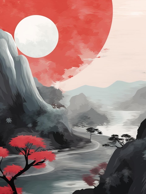 Es gibt ein Gemälde eines Berges mit einem Fluss und einer roten Sonne generative ai