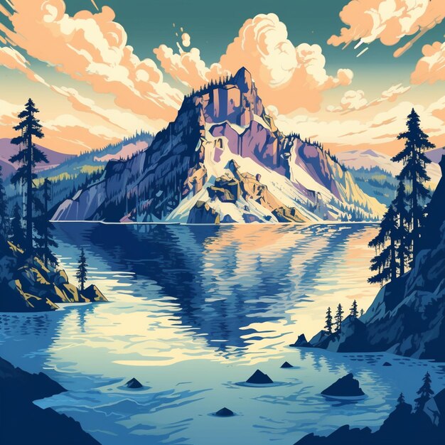 Es gibt ein Gemälde eines Berges mit einem See im Vordergrund, generative KI