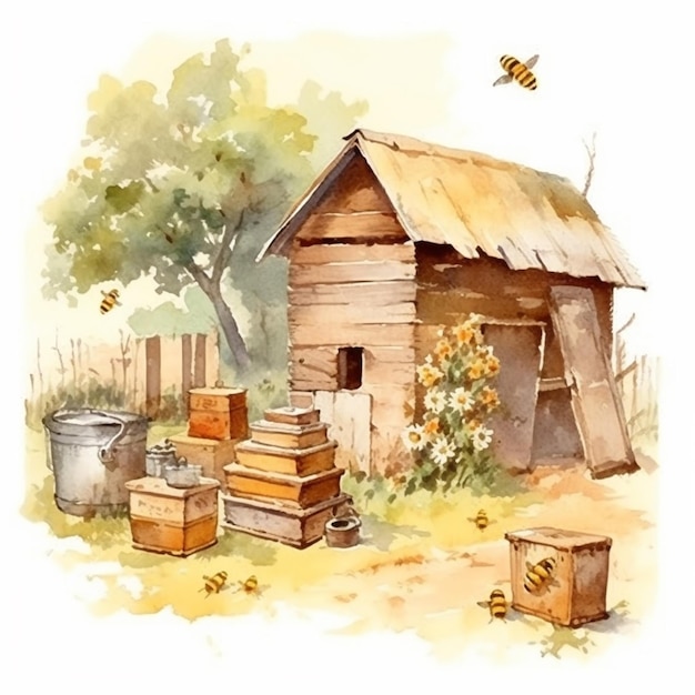 Es gibt ein Gemälde eines Bienenstocks und eines Bienenstockhauses mit generativer KI