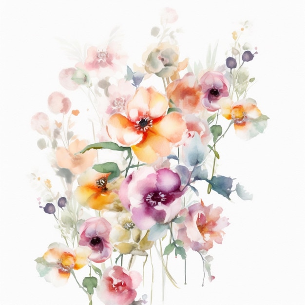 Es gibt ein Gemälde eines Blumenstraußes auf einem weißen Hintergrund mit generativer KI