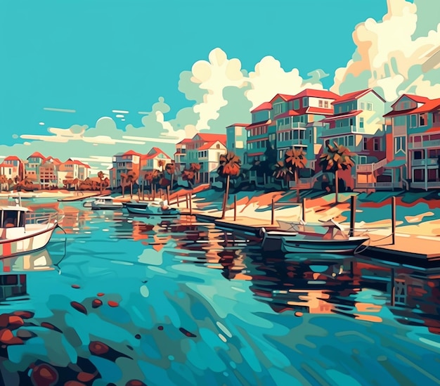 Es gibt ein Gemälde eines Bootes im Wasser in der Nähe einer Stadt mit generativer KI