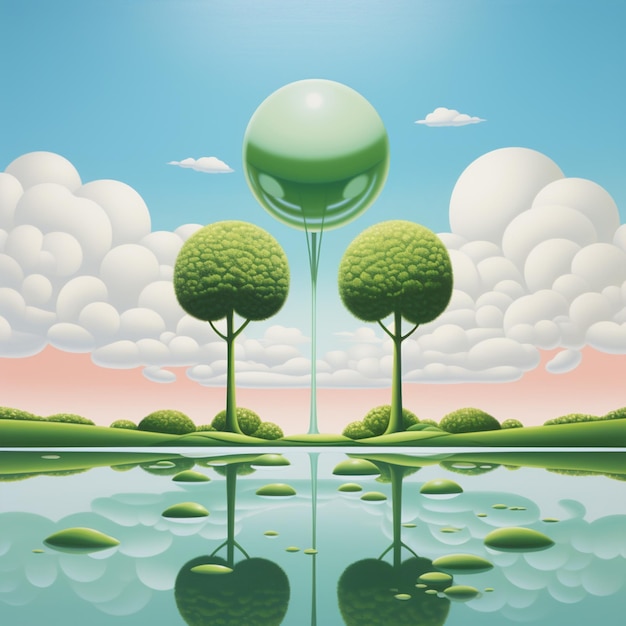 Es gibt ein Gemälde eines grünen Baumes mit einer grünen Kugel oben auf der generativen KI