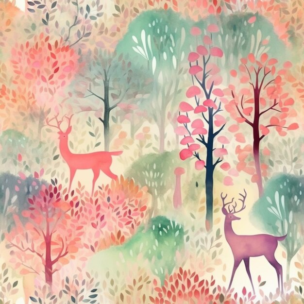 Es gibt ein Gemälde eines Hirsches im Wald mit generativen Bäumen