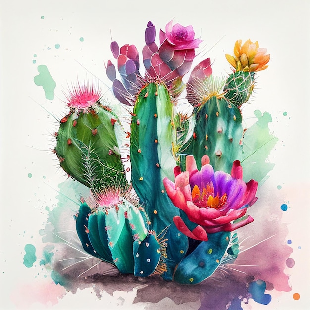 Es gibt ein Gemälde eines Kaktus mit Blumen darauf.