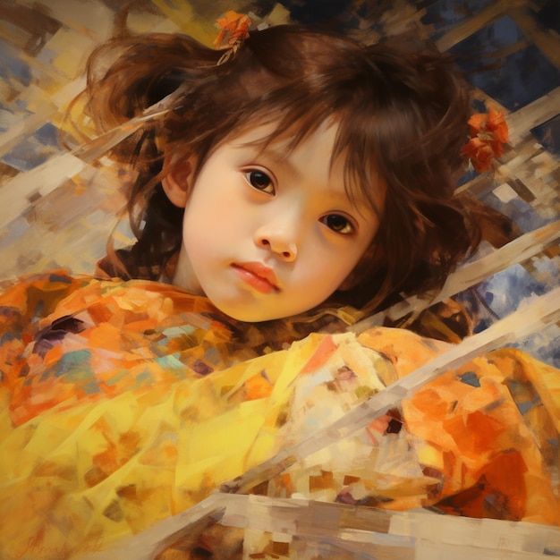 Es gibt ein Gemälde eines kleinen Mädchens mit einem gelben Regenschirm