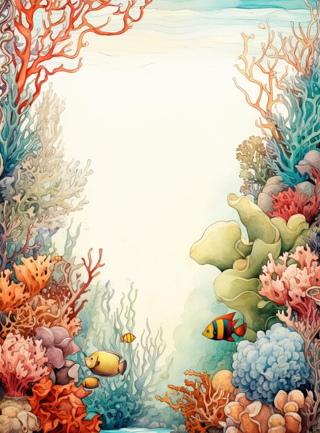 Es gibt ein Gemälde eines Korallenriffs mit Fischen und Korallen.