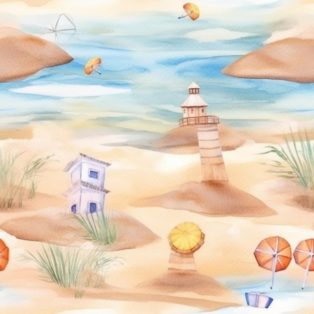 Es gibt ein Gemälde eines Leuchtturms am Strand mit Regenschirmen.