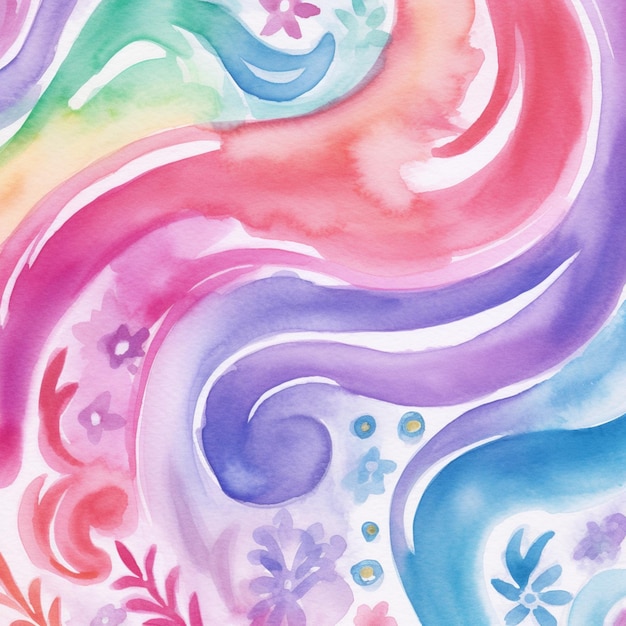 Es gibt ein Gemälde eines regenbogenfarbenen Wirbels mit generativen Blumen