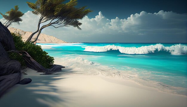 Foto es gibt ein gemälde eines strandes mit einem baum und einer welle