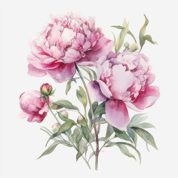Es gibt ein Gemälde eines Straußes rosa Blumen auf einem weißen Hintergrund mit generativer KI