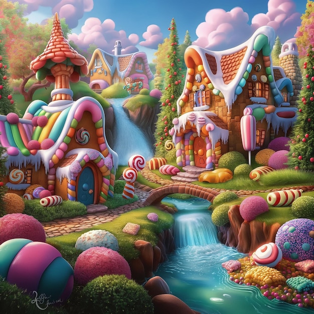 Es gibt ein Gemälde eines Süßwarenlandes mit einem Wasserfall.
