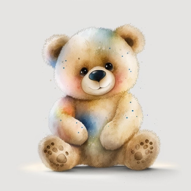 Es gibt ein Gemälde eines Teddybären, das auf einer weißen Oberfläche sitzt.