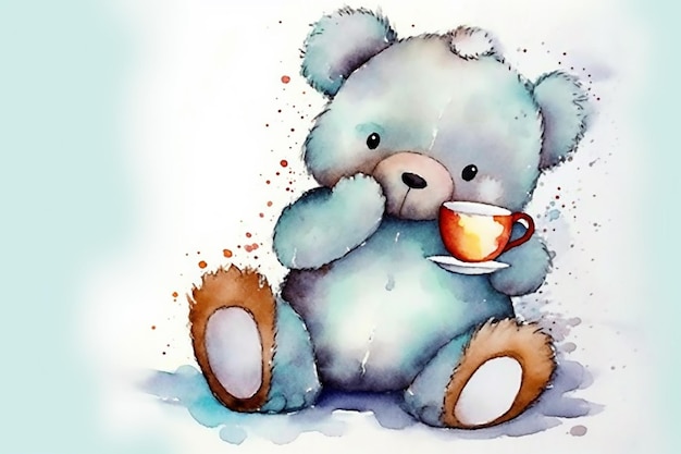 Es gibt ein Gemälde eines Teddybären, der eine Tasse generative KI hält