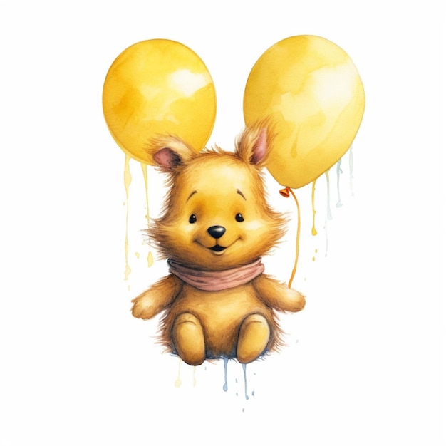 Es gibt ein Gemälde eines Teddybären, der zwei Ballons hält.