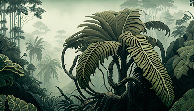 Es gibt ein Gemälde eines tropischen Dschungels mit Palmen.